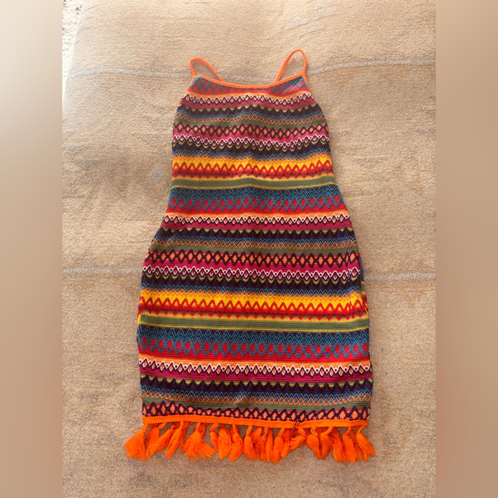 American Eagle Outfitters Multicolor Striped Mini Dress with Orange Fringe